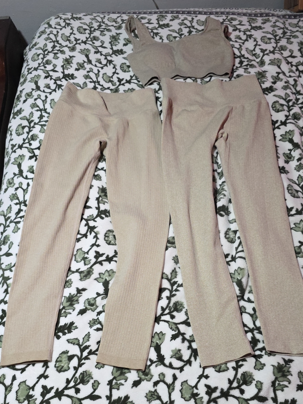 Ribbed High-Waist Knit Pants Set in Beige